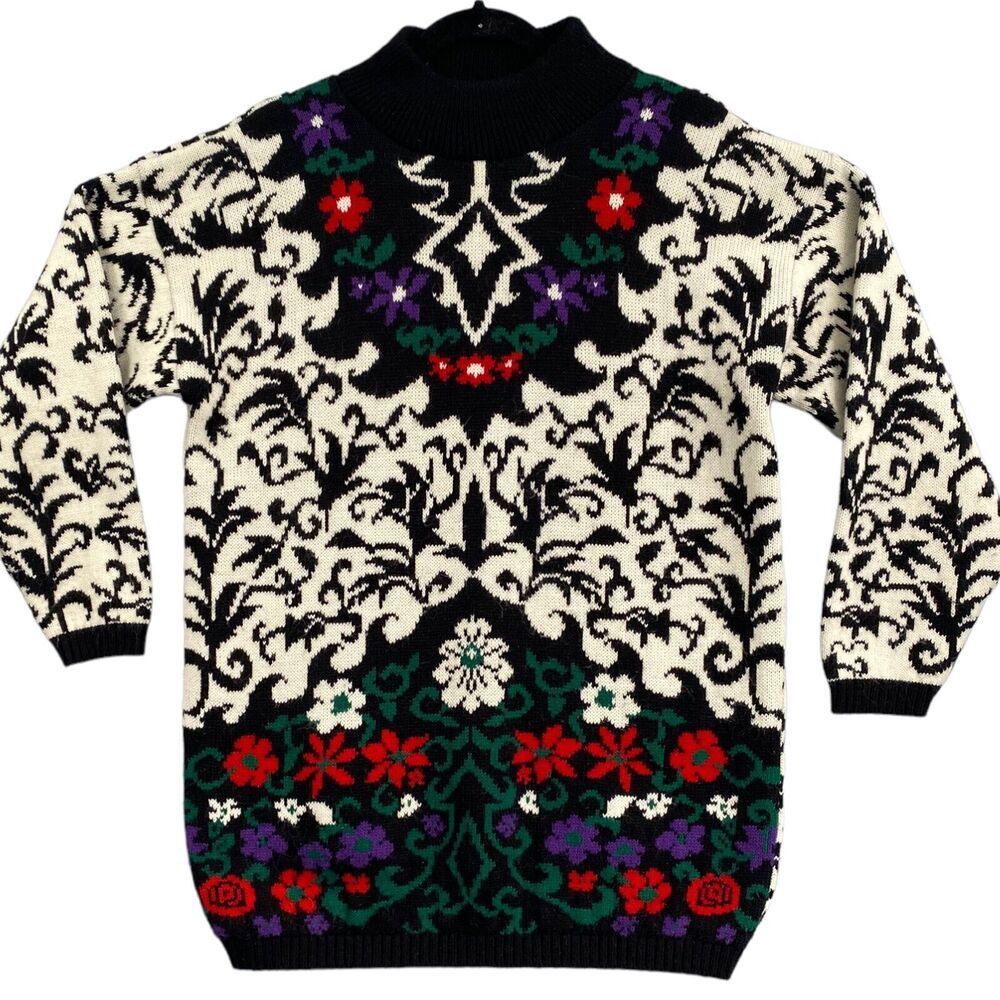 VTG 90s Pattern Sweater Exchange Womens M/L Grannycore Floral Mock Neck USA Ugly